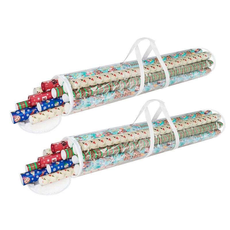 Wrapping Paper Storage - 2 Organizers for 50 Rolls of Gift Wrap - Clear Totes with Handles for Holiday, Christmas, or Any Occasion