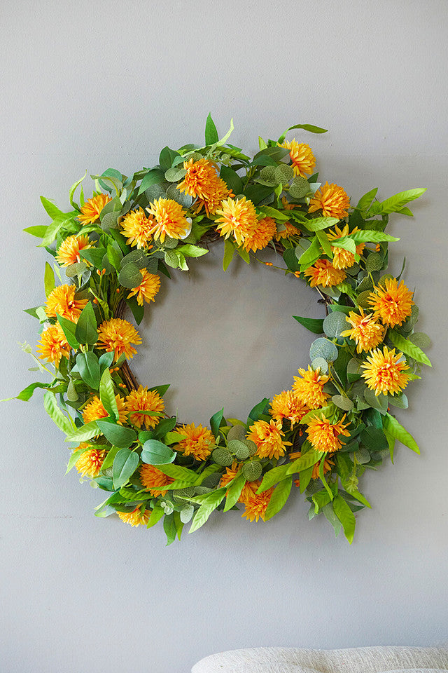 24" Mixed Foliage Yellow Flower Wreath Lush Greenery with Bright Blooms for Spring & Summer Decor