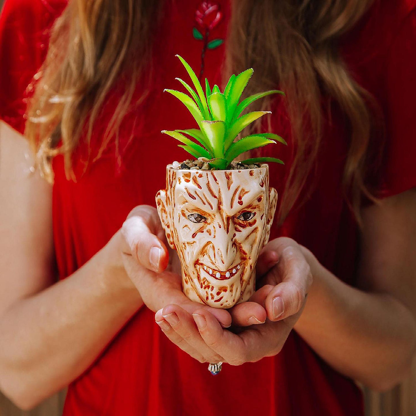 A Nightmare On Elm Street Freddy Krueger Ceramic Planter w/ Artificial Succulent | USA Decoration®
