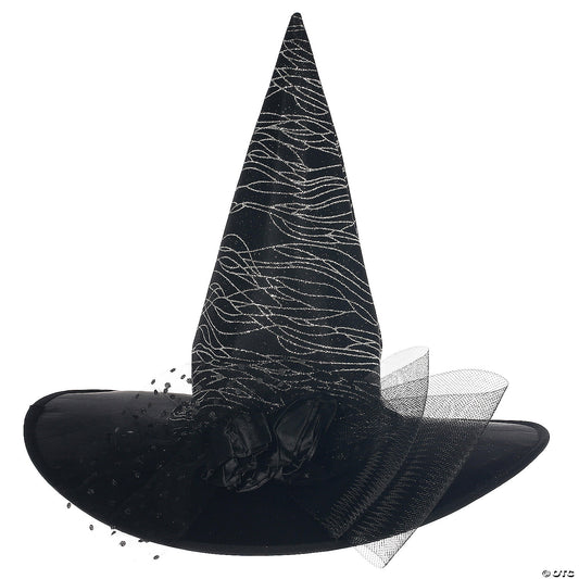 Adults Deluxe Black Witch Hat with Silver Glitter & Tulle | USA Decoration®