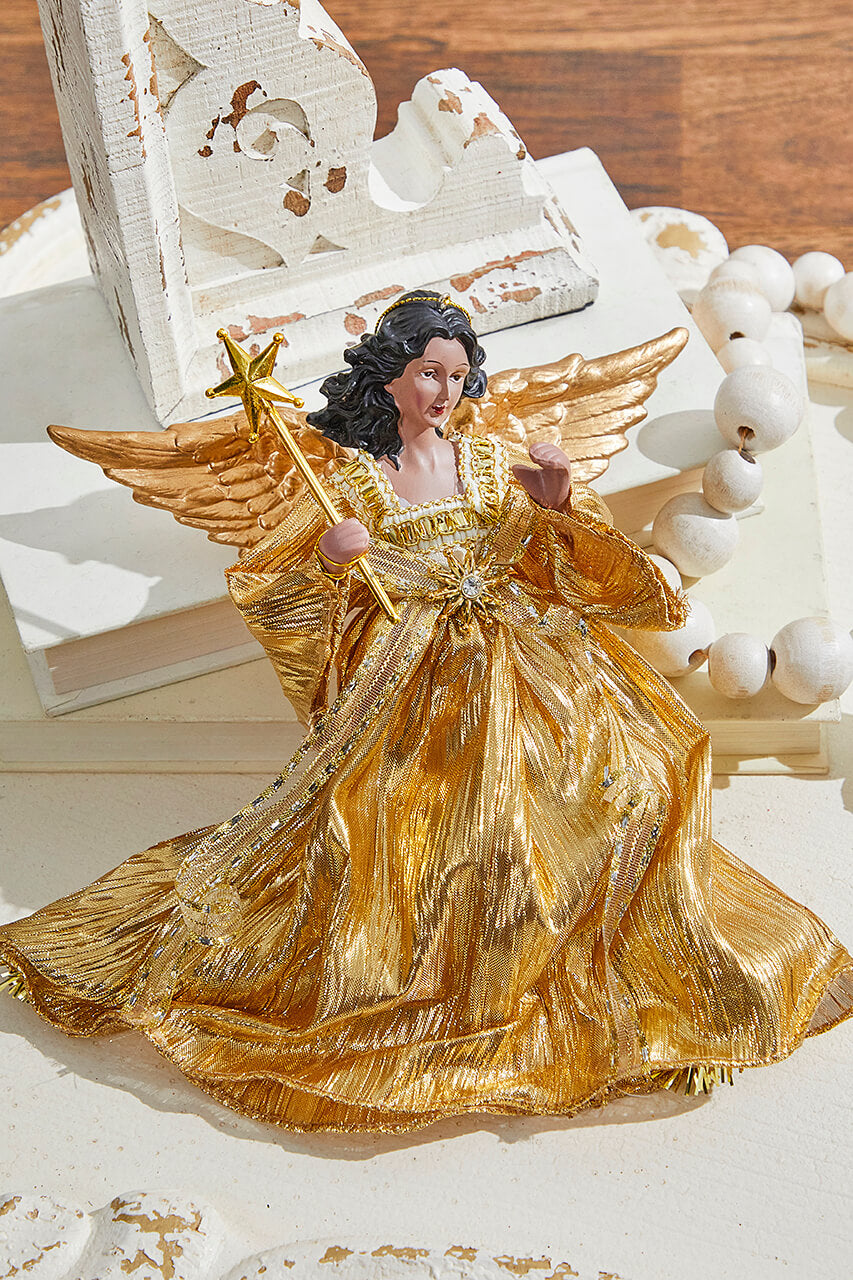 9" Gold Fabric Flying Black Angel Ornament