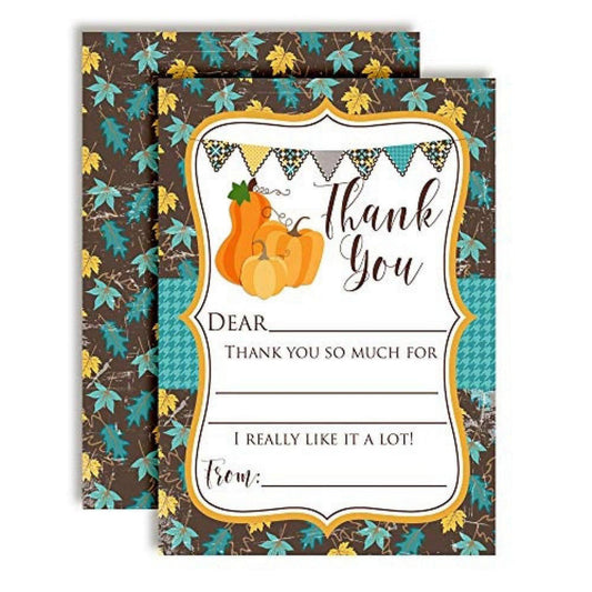 AmandaCreation Teal Leaves & Pumpkins Thank You Cards 20pc. | USA Decoration®