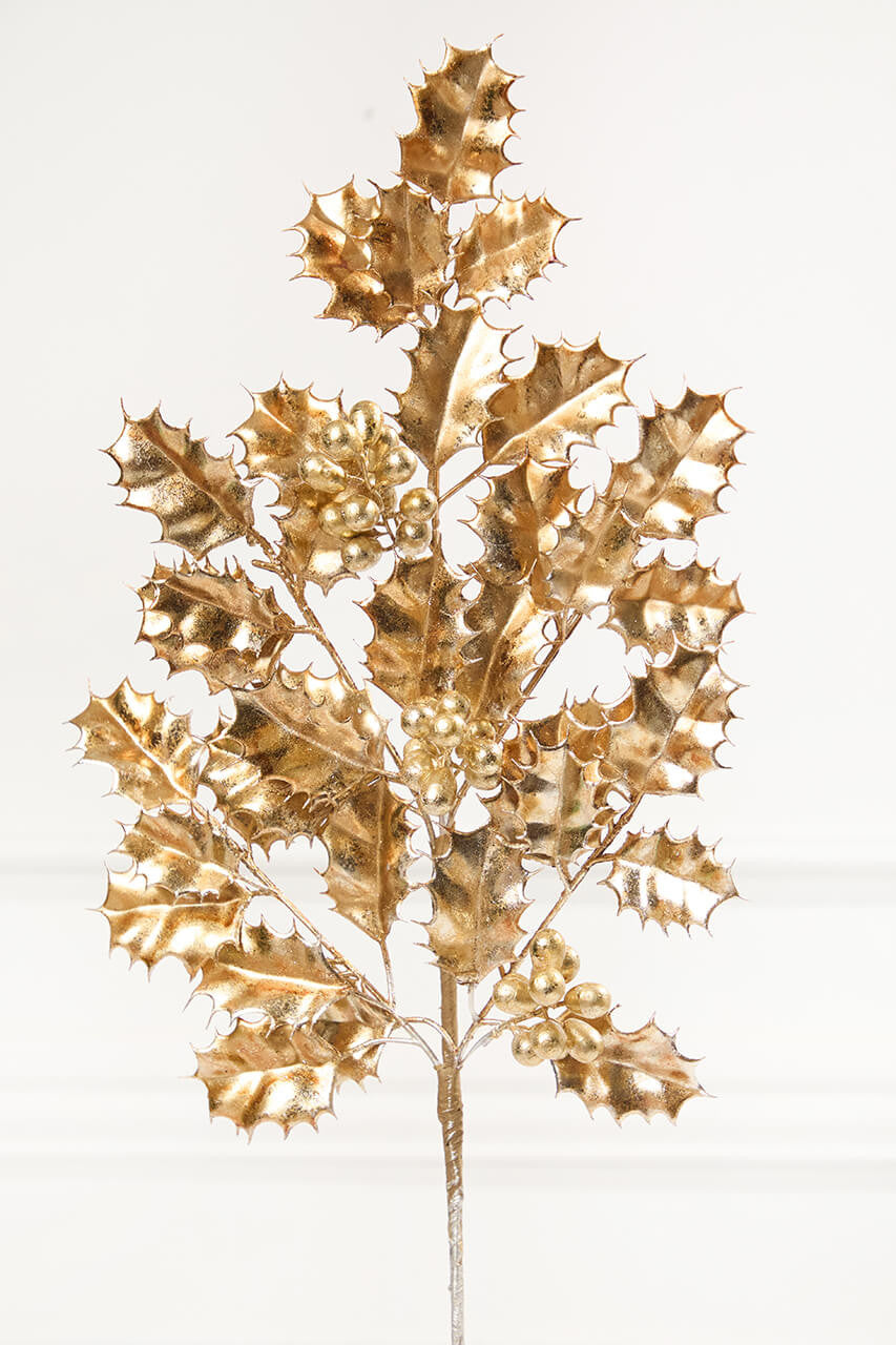 27" Antique Gold Metallic Holly Berry Stem Elegant Christmas Floral Pick for Holiday Arrangements & Decorations