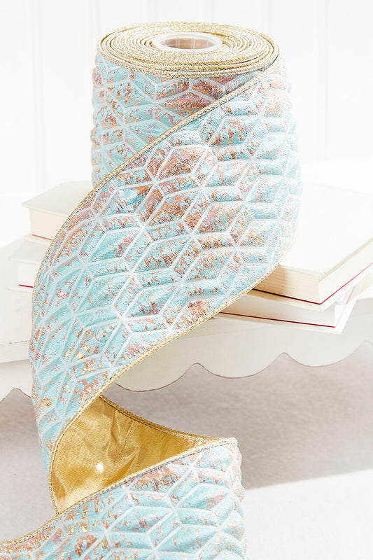 4” x 5 Yard Aqua Chadwick Metallic Dupioni Back Ribbon for Holiday Decor