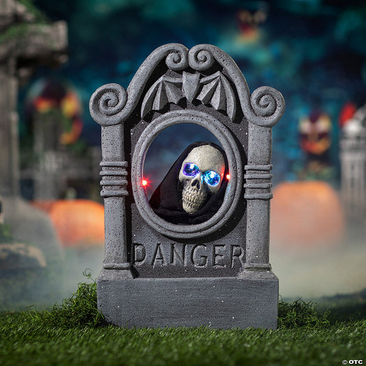 22" Gray Tombstone with Light-Up Moving Skeleton Head Halloween Decoration | USA Decoration®