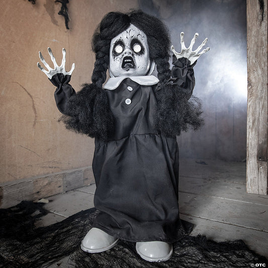 3 Ft. Black White Scary Girl Animated Prop Standing Halloween Decoration | USA Decoration®