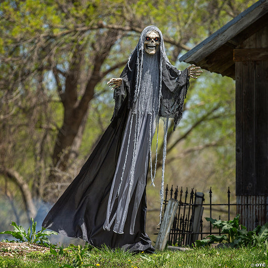 6 Ft. Black Gray Skeleton Reaper Animated Prop Standing Halloween Decoration | USA Decoration®