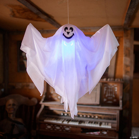 19 3/4" x 20 3/4" Hanging Light-Up Smiling Ghost Halloween Decoration | USA Decoration®