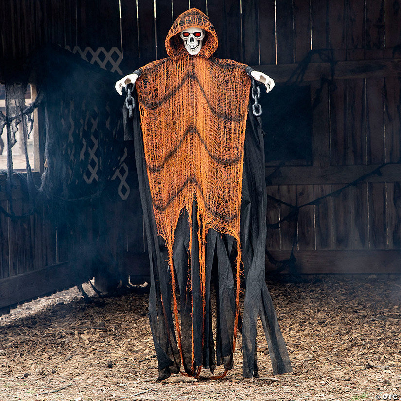 6 Ft. Hanging Light-Up Skeletal Reaper in Orange Robes Halloween Decoration | USA Decoration®