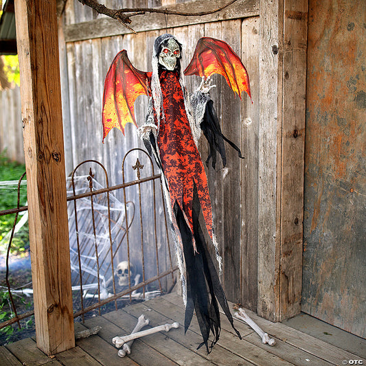 5 Ft. 1/4" Hanging Light-Up Red Skeletal Reaper with Wings Animated Halloween Decoration | USA Decoration®