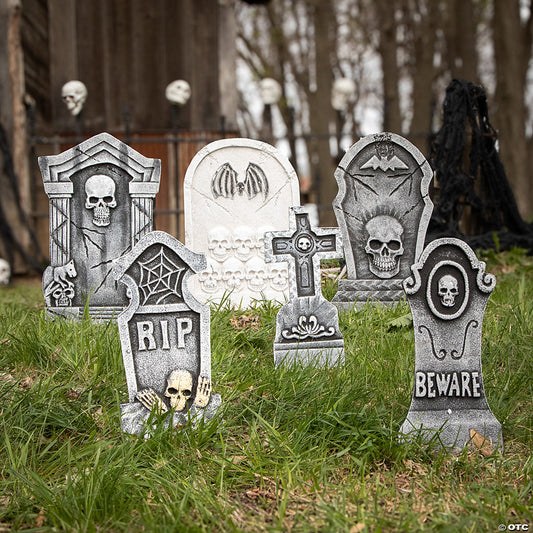 12" - 19" Bat Skull Foam Tombstone Halloween Decorations Set – 6 Pc. | USA Decoration®