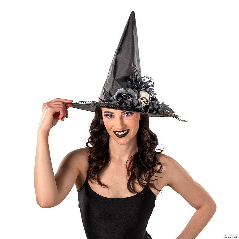 1 Piece(s): 17 1/2" x 14 3/4" Black Flowers & Skull Polyester Witch Hat Costume Accessory | USA Decoration®