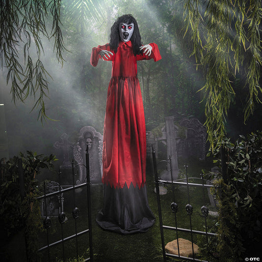 5 Ft. 10 3/4" Animated Standing Up Down Lady in a Red Dress Halloween Decoration | USA Decoration®