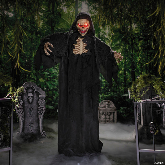 5 Ft. 10 3/4" Animated Standing Skeleton Reaper with Black Cloak Halloween Decoration | USA Decoration®