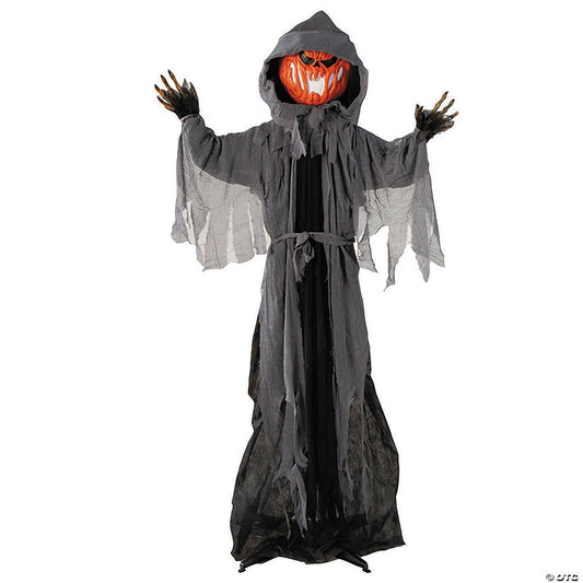 5 Ft 10 3/4" Animated Standing Light-Up Pumpkin Man in Hooded Cloak Halloween Decoration | USA Decoration®