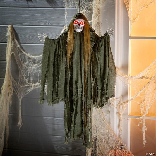 35 1/2" Light-Up Hanging Long Hair Skeleton Reaper Halloween Decoration | USA Decoration®