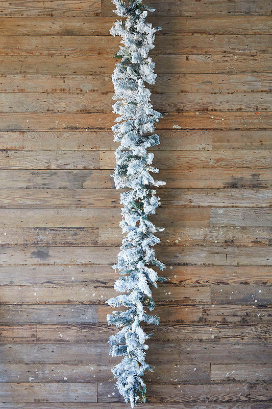 9' x 14" LED Flocked Balsam Garland Pre-Lit Snowy Christmas Greenery for Indoor & Outdoor Décor