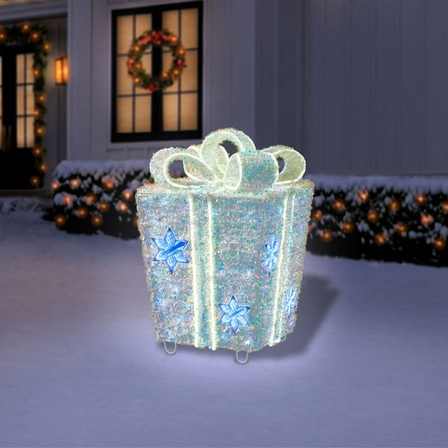 Member's Mark 32" Pre-Lit Iridescent Twinkle Tinsel Gift Box Decor | USA Decoration®