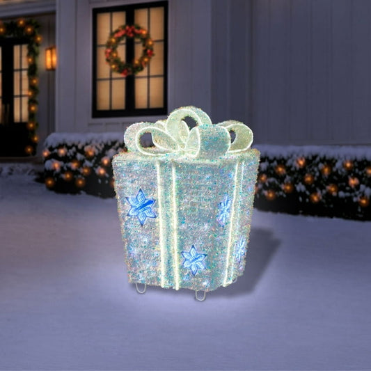 Member's Mark 32" Pre-Lit Iridescent Twinkle Tinsel Gift Box Decor | USA Decoration®