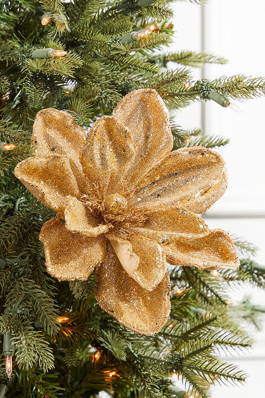 24" x 10" Gold Micro Beaded Sequins Magnolia Stem Elegant Holiday Floral Decoration