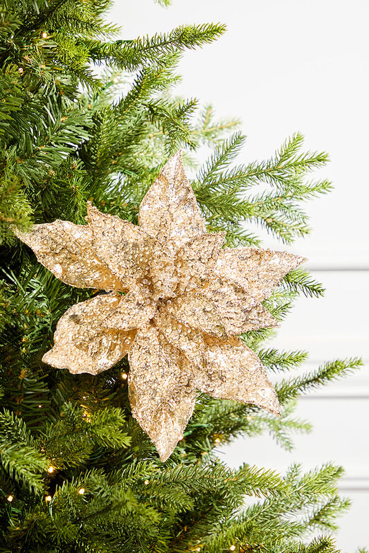 21? Beaded Champagne Gold Poinsettia Stem Glittered Holiday Accent