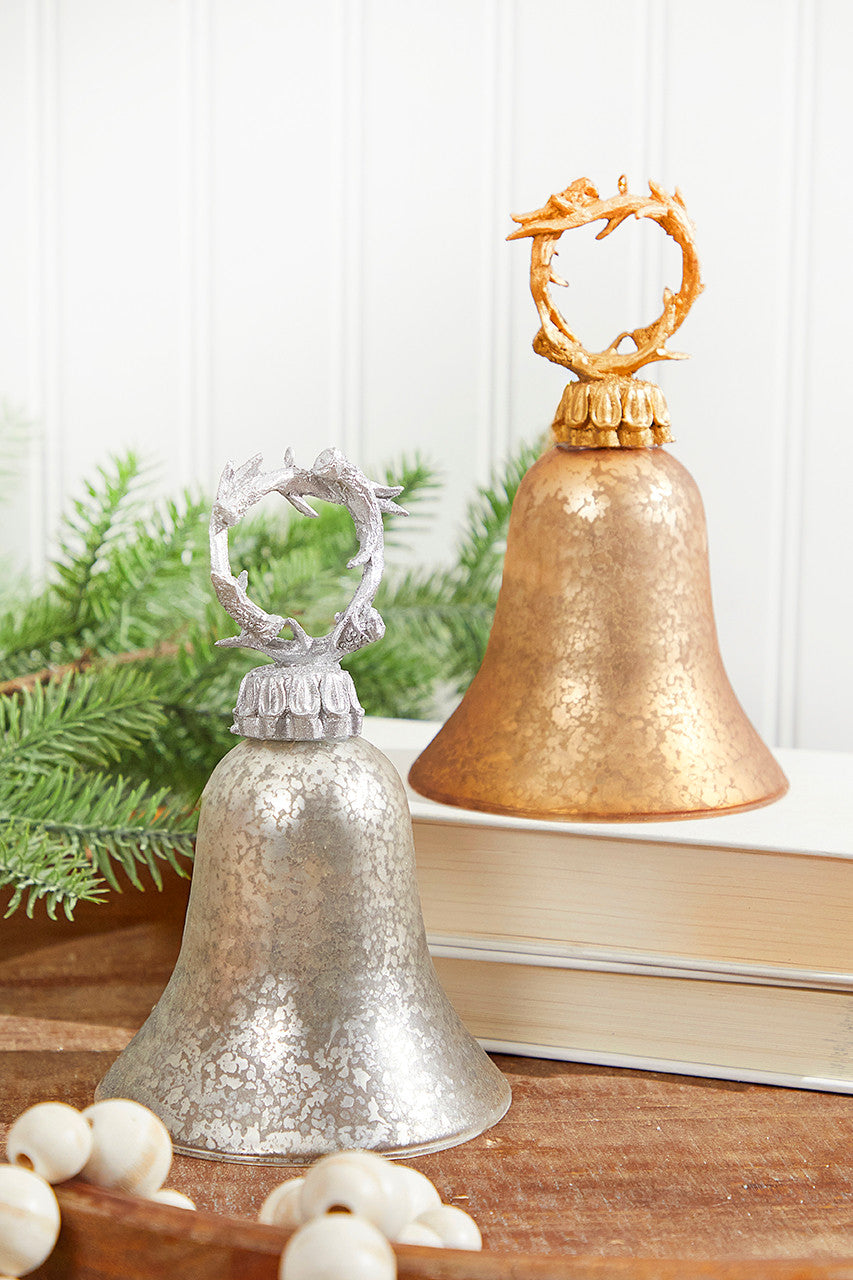 7? Gold/Silver Antler Bell Glass Ornament Elegant Holiday Decor