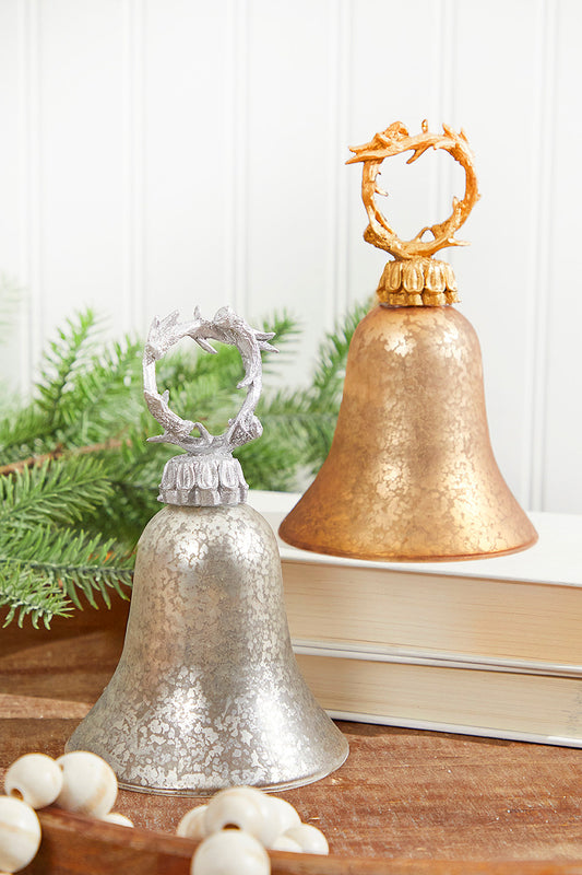 7? Gold/Silver Antler Bell Glass Ornament Elegant Holiday Decor