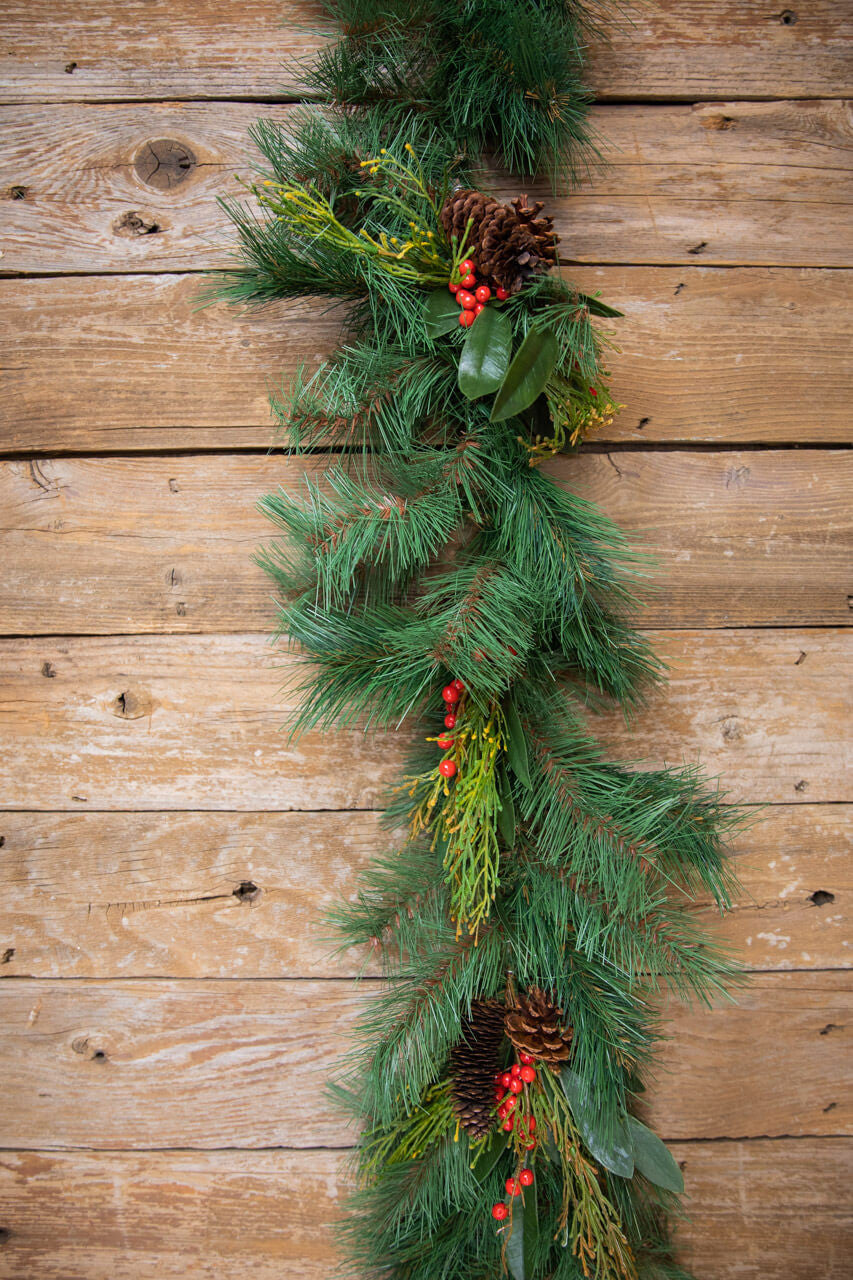 72” Pine Garland with Cones & Berries Classic Christmas Greenery for Mantels & Holiday Displays
