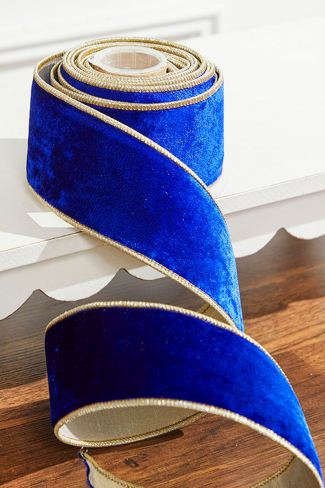 2.5" x 5 Yards Blue Sheldon Velvet Metallic Dupioni Ribbon Wired Luxury Holiday & Event Trim