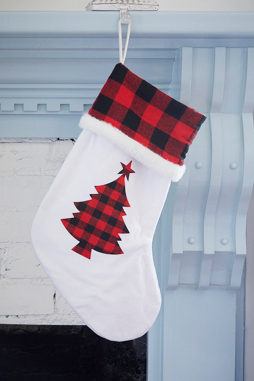 White Stocking with Buffalo Check Tree Christmas Decoration