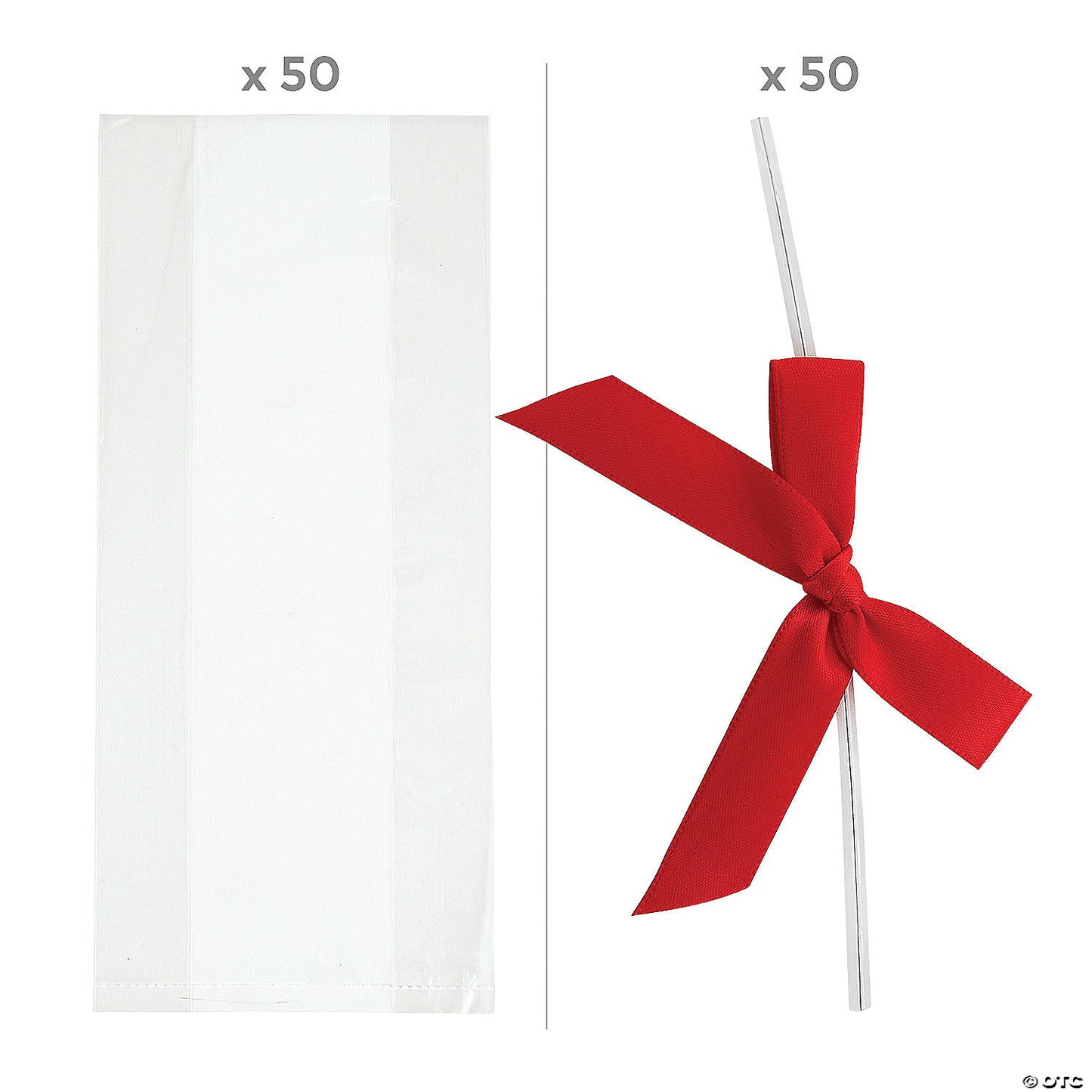 Bulk 50 Pc. Medium Clear Cellophane Bags with Red Bow Kit