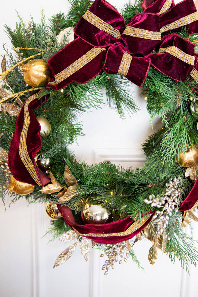 30” Cordless Prelit Crimson & Gold Holiday Wreath Festive & Elegant Christmas Decor