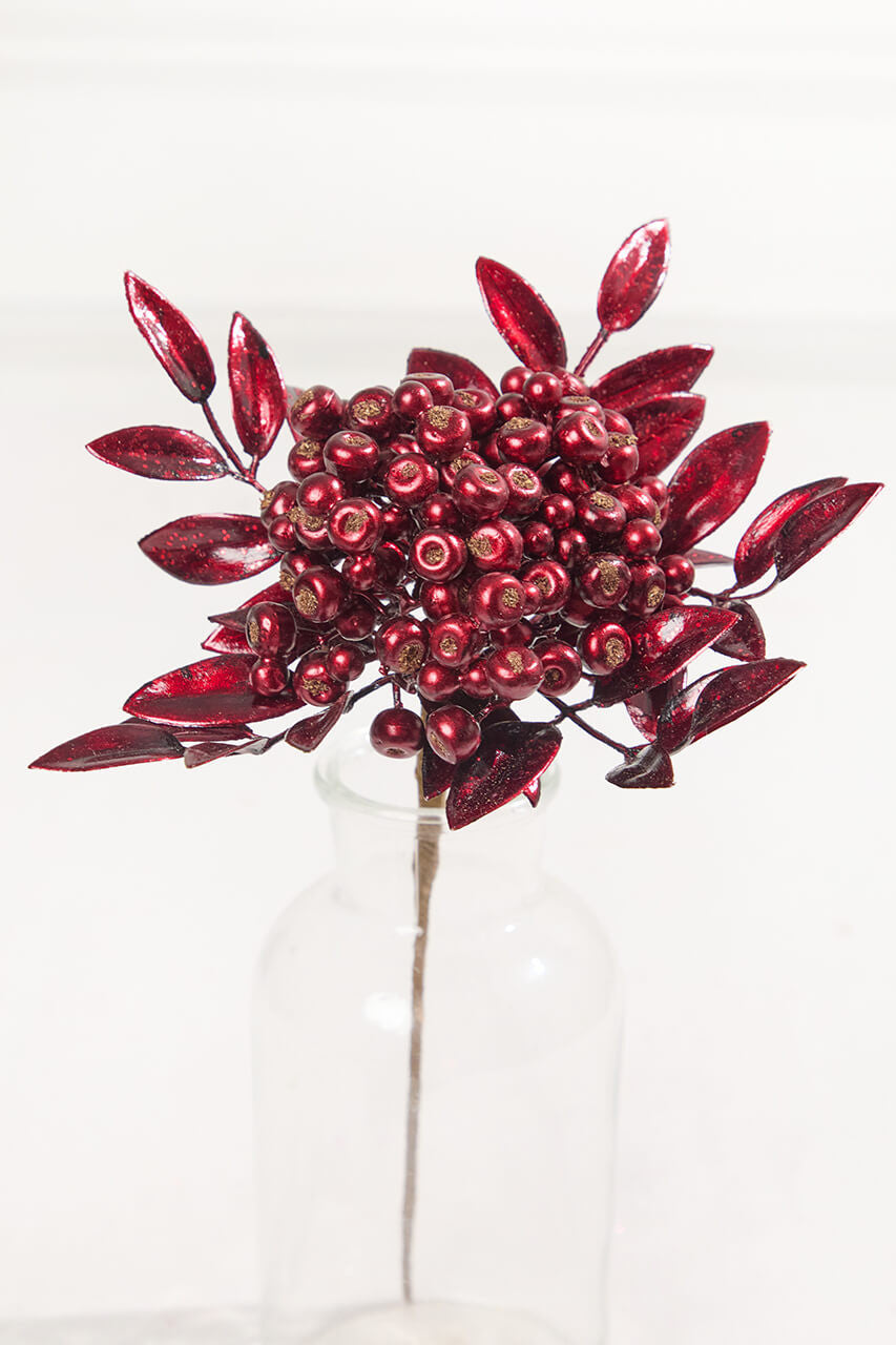 14” Burgundy Berry Bunch Metallic Stem for Holiday Decor