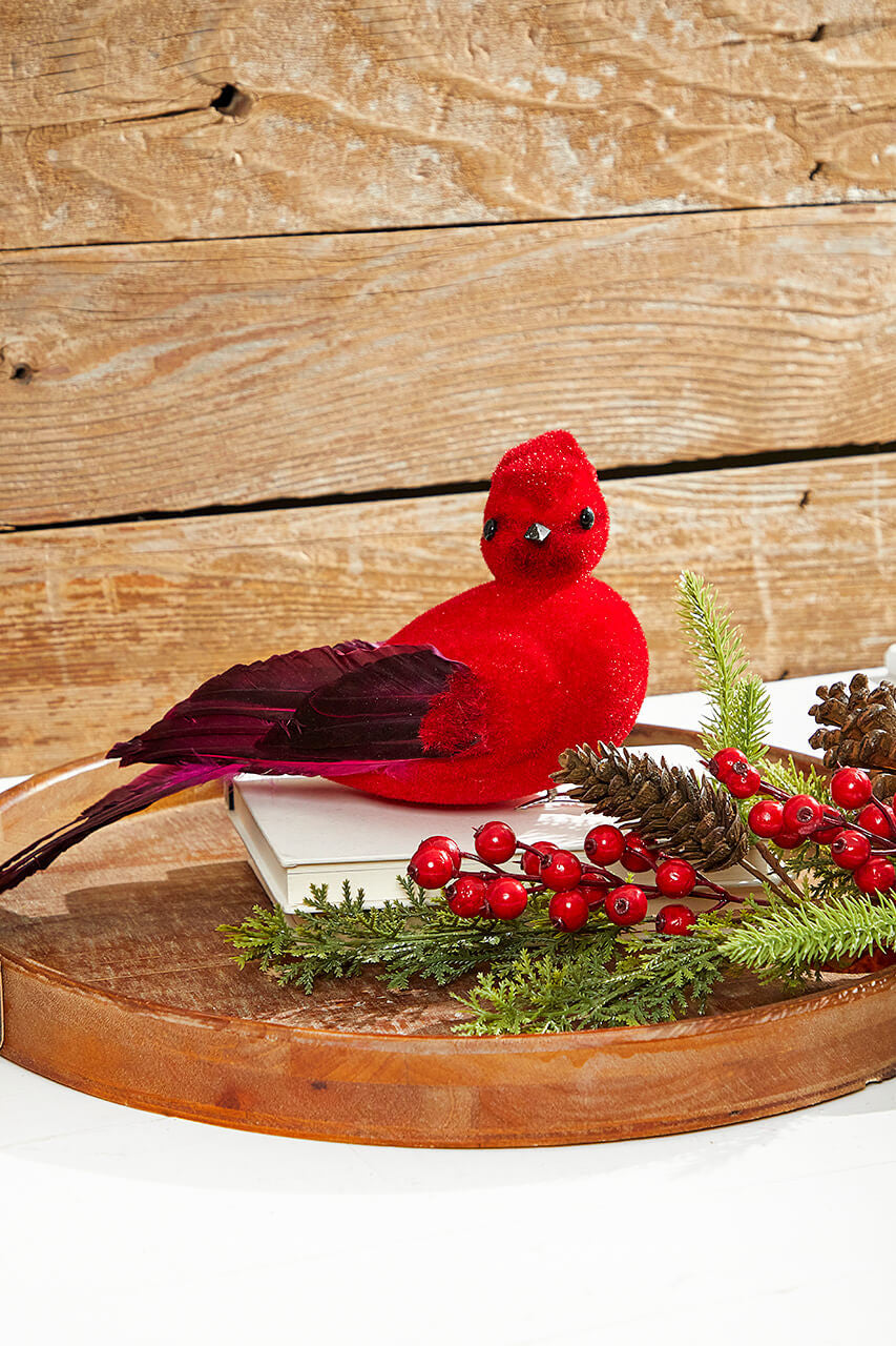 13” Velvet & Feather Cardinal Clip Ornament for Holiday Decor
