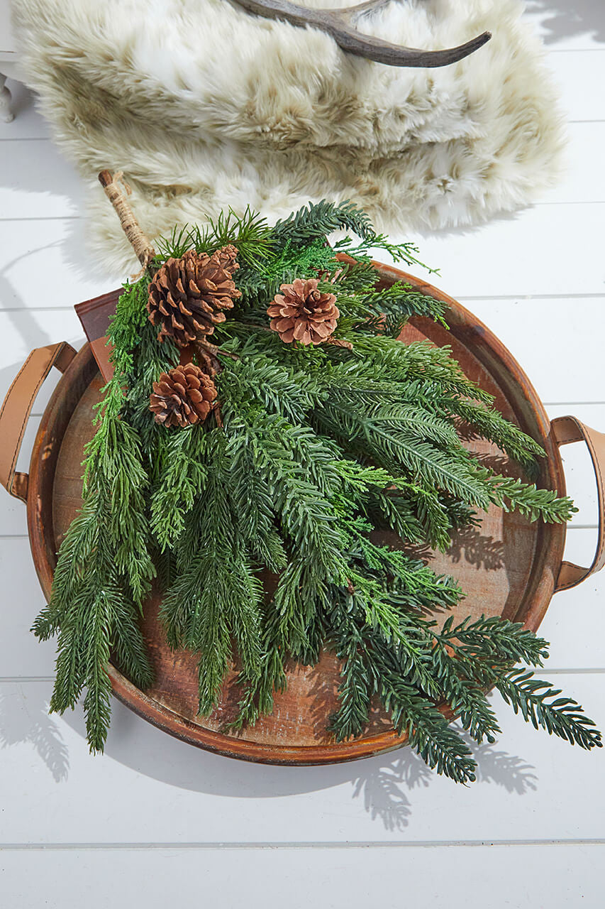 24” Real Touch Cedar Spruce Teardrop with Pinecones for Seasonal Wall Decor
