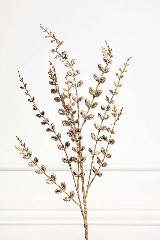 33" Jeweled Champagne Leaf Spray Elegant Metallic Holiday Stem for Christmas Tree, Wreath, and Floral Arrangements