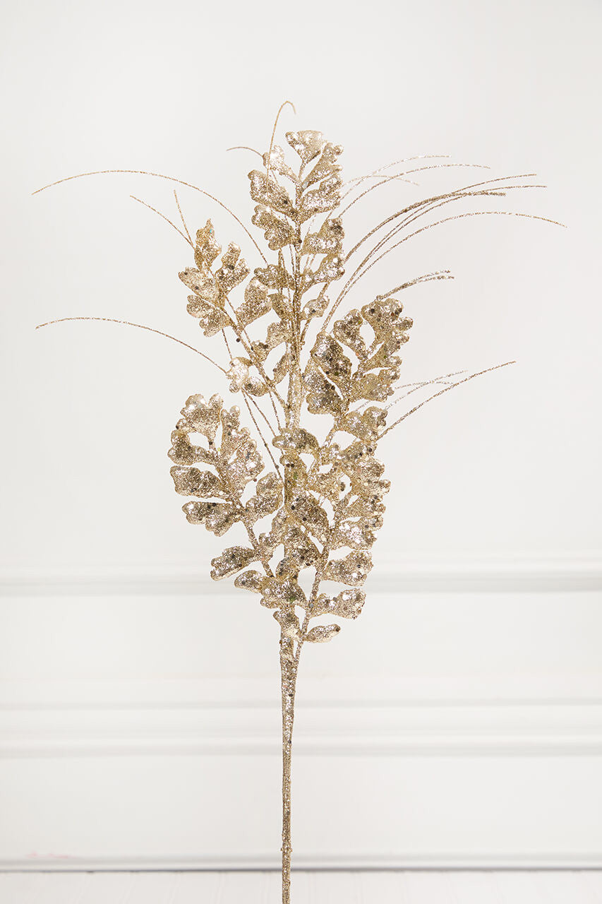 29” Glitter and Sequin Forest Fern Spray in Champagne for Holiday Decor