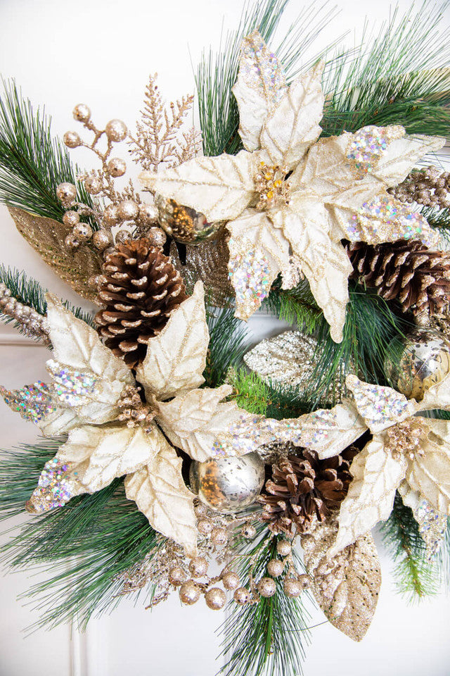 18” Christmas Poinsettia & Pine Wreath Festive Holiday Door & Wall Decor