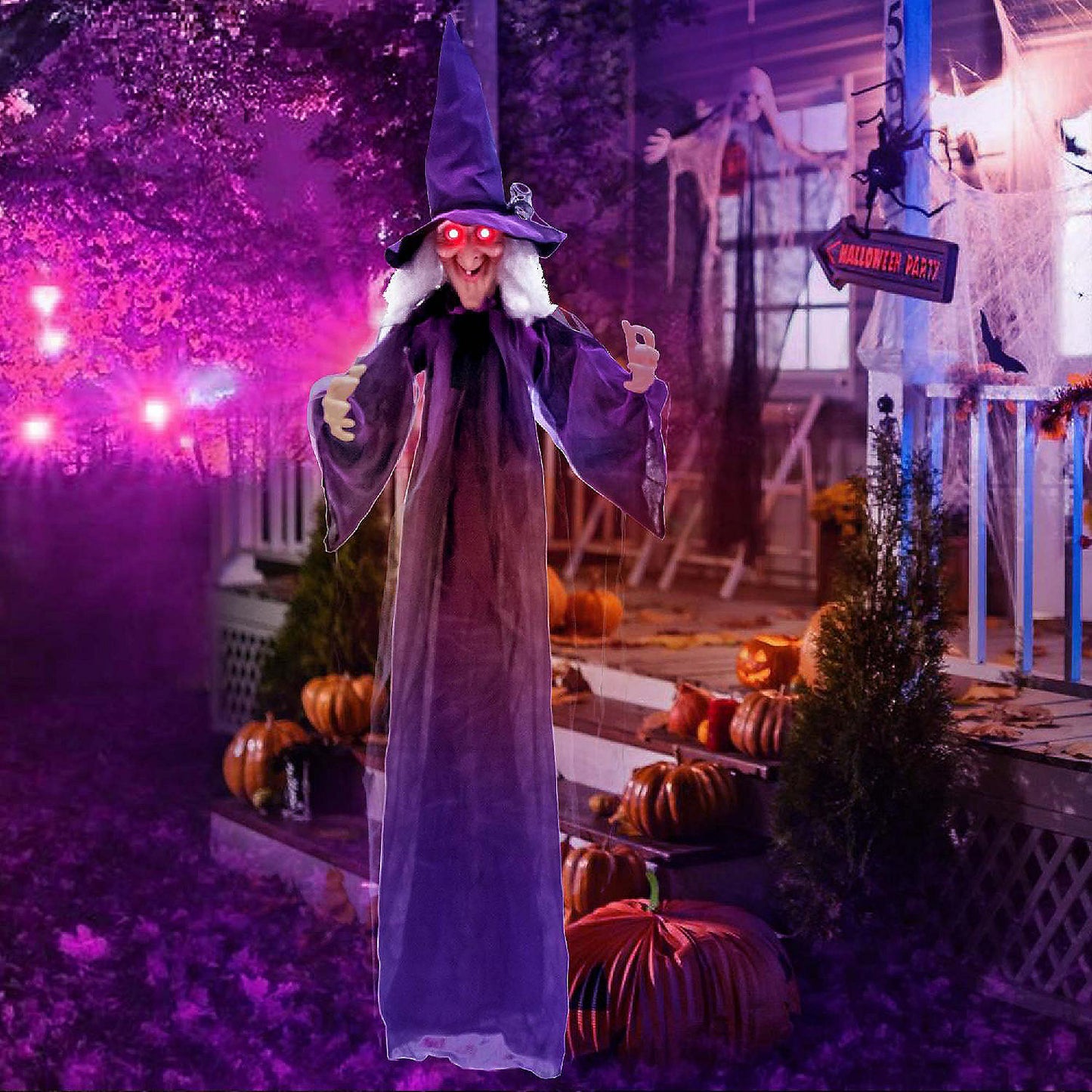 Costway 6 FT Halloween Animatronic Witch Hanging Decoration with Red Eyes Posable Arms | USA Decoration®