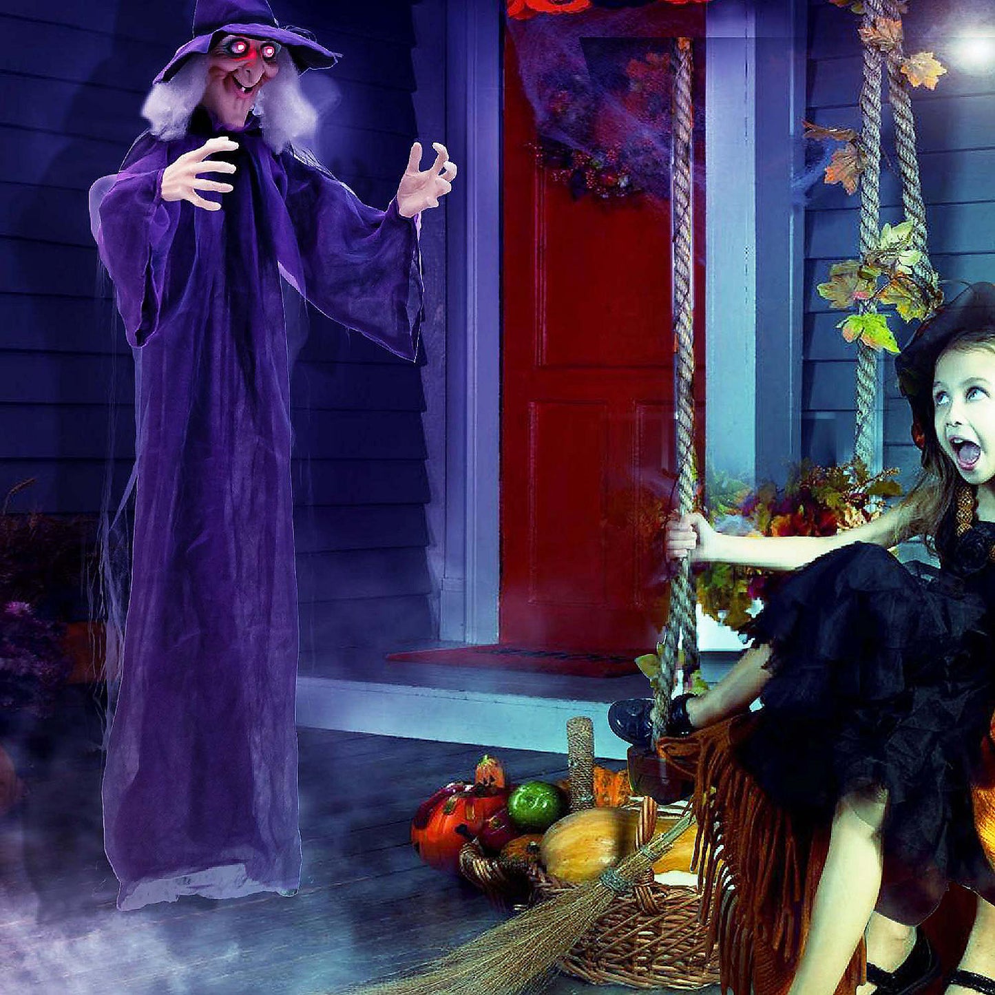 Costway 6 FT Halloween Animatronic Witch Hanging Decoration with Red Eyes Posable Arms | USA Decoration®