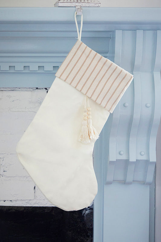 Beige Stocking with Stripe & Tassel Christmas Holiday Decoration