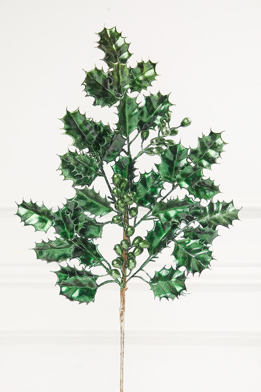 27 Inch Dark Green Metallic Holly Berry Stem for Holiday Decor