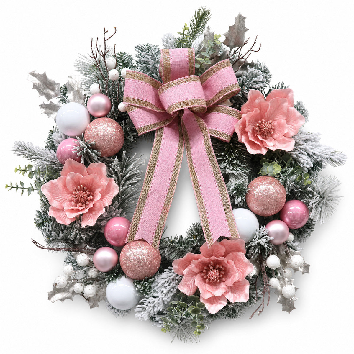 24" Pre-Lit Pink Magnolia Christmas Wreath with 20 LED Lights, Snow Accents and Balls for Front Door, Wall and Mantel