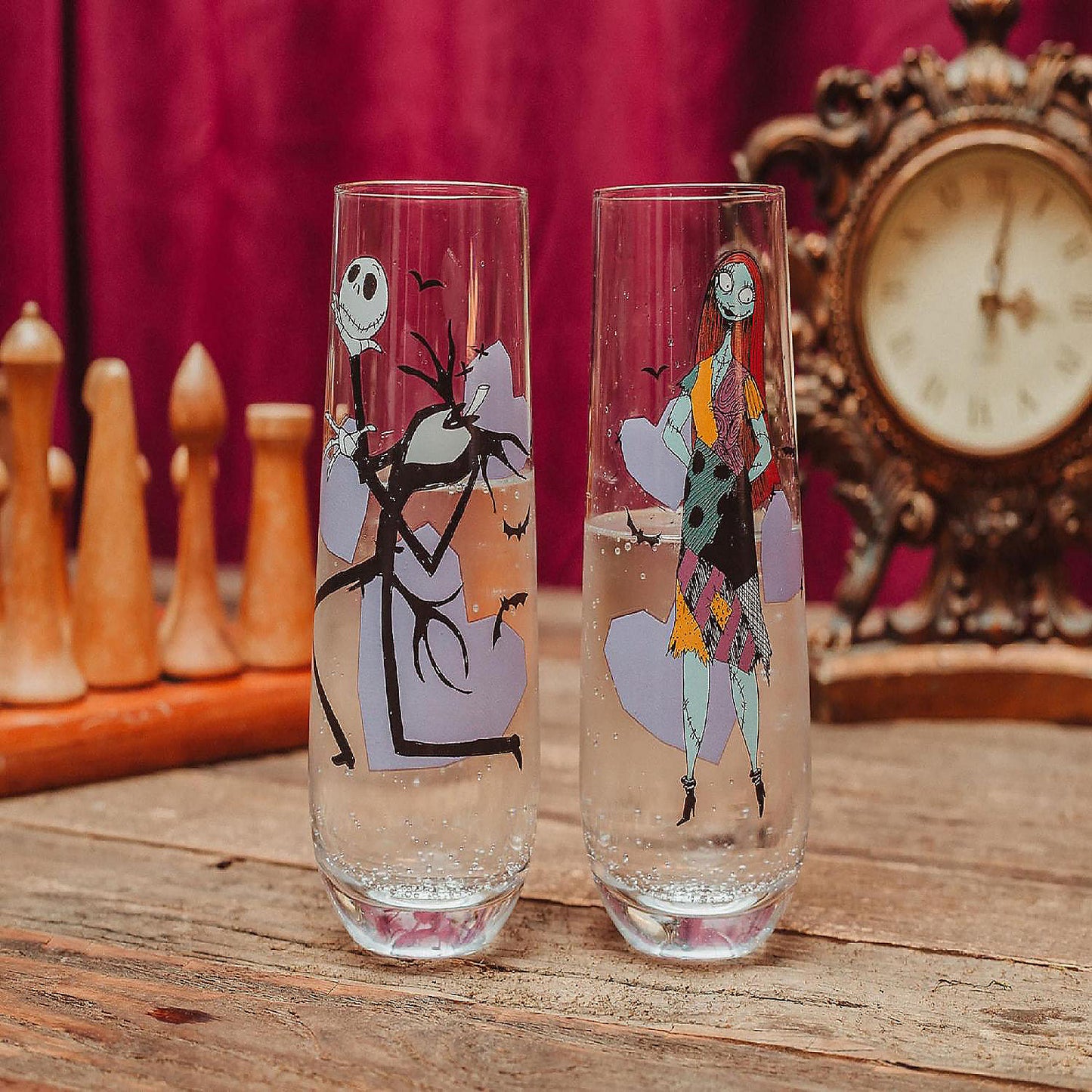 Disney The Nightmare Before Christmas Jack and Sally Fluted Glassware Set of 2 | USA Decoration®