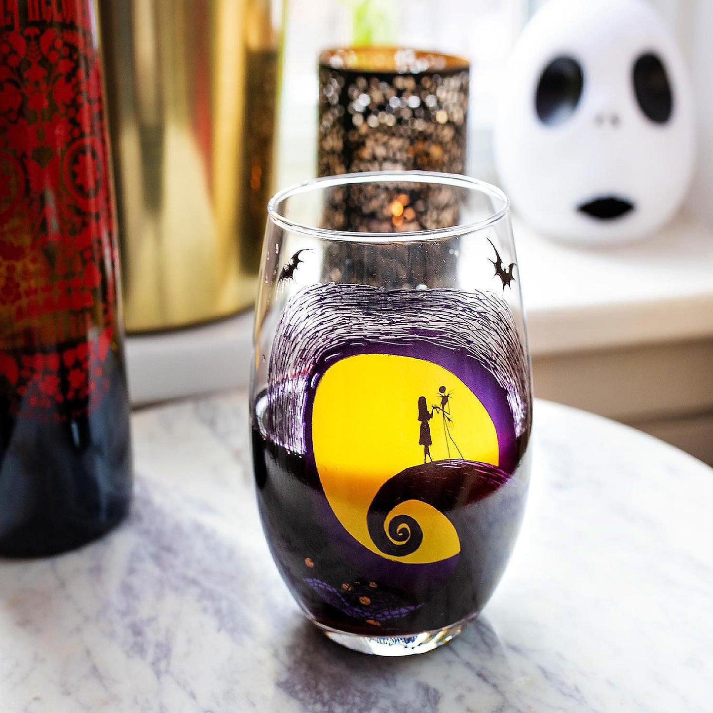 Disney The Nightmare Before Christmas Jack Sally on Spiral Hill Stemless Glass | USA Decoration®