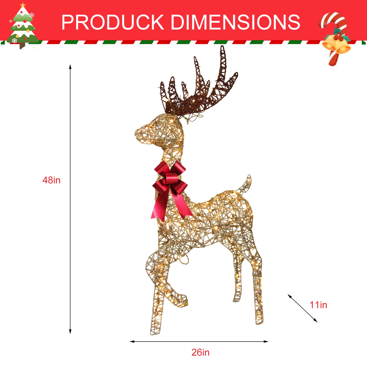 Champagne Reindeer Decoration with Warm LED Lights Indoor Outdoor Display 12.01x8.07x20.47 Inches