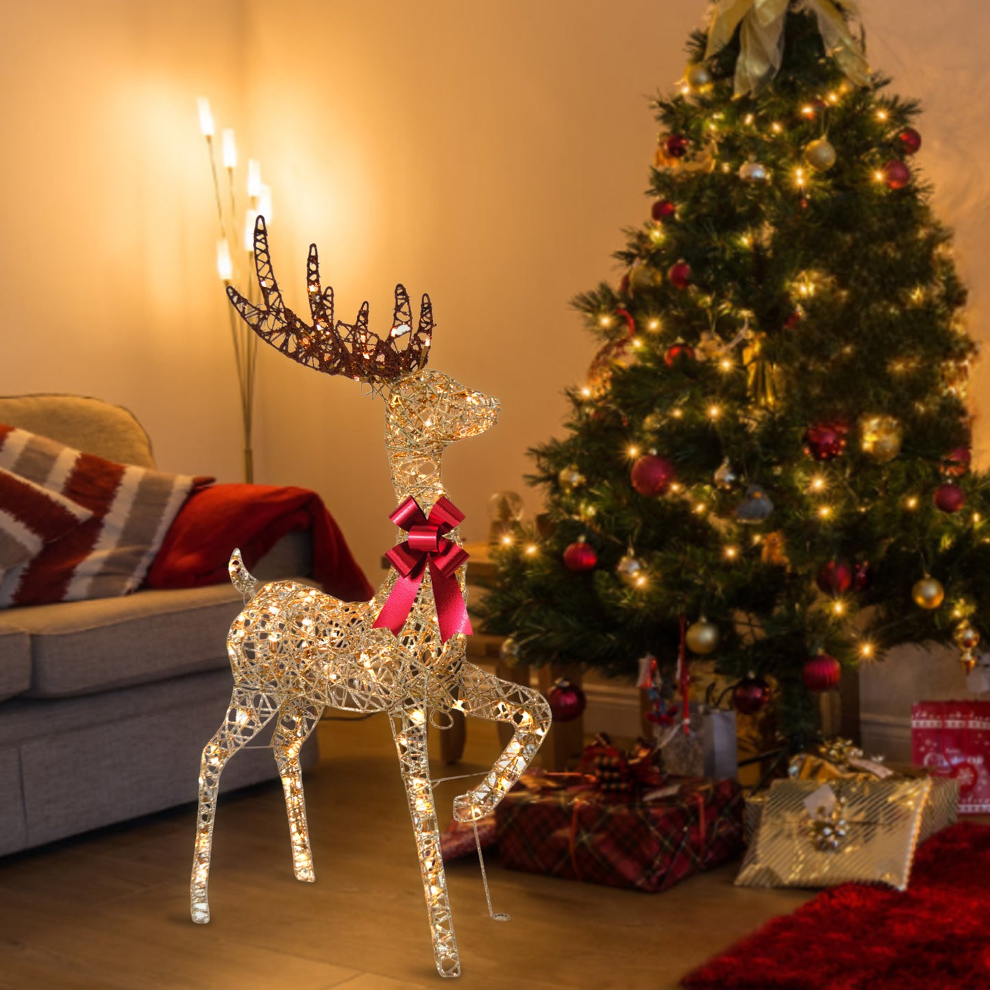 Champagne Reindeer Decoration with Warm LED Lights Indoor Outdoor Display 12.01x8.07x20.47 Inches