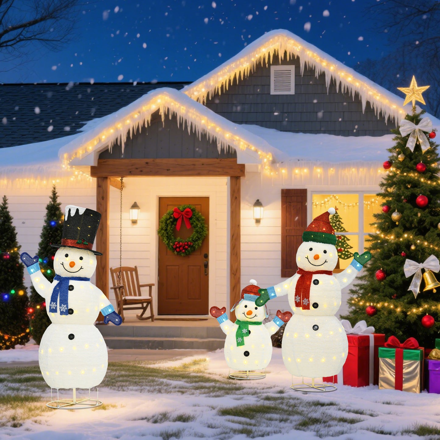 White Plush Lantern Set of 3 Snowmen, Warm White LED Lights, Transformer with 2m Cord, Indoor/Outdoor Holiday Décor 62" 60" 35"