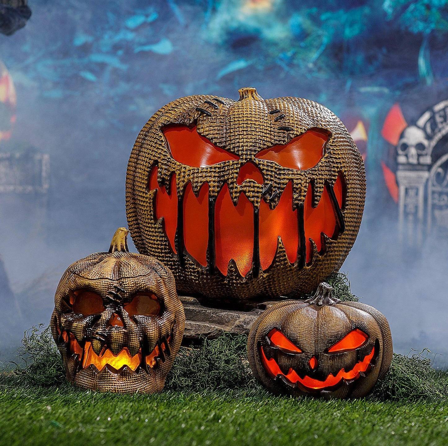 Animated Flaming Burlap Pumpkin Halloween Decoration, 14"