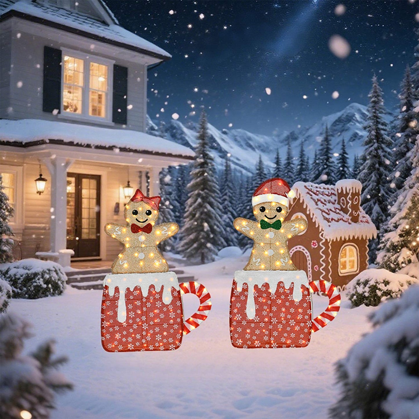 40 Inch & 42 Inch Height Set of 2 Mug Gingerbread Men with Box Christmas Decoration with 80 LED Lights